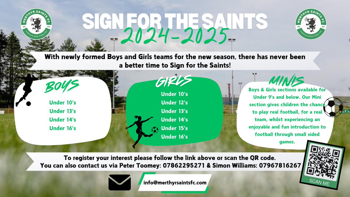📣 Sign for the Saints!
There is still time to get involved with Saints across a number of age groups. If you have registered already, we will be getting in touch in the coming weeks. 
You can register your interest here 👇
shorturl.at/mbIkj
<a href="/SaintsGirlsFC/">Merthyr Saints Girls FC</a> <a href="/MinisSaints/">Merthyr Saints FC Minis 🔰⚽️⚽️</a>