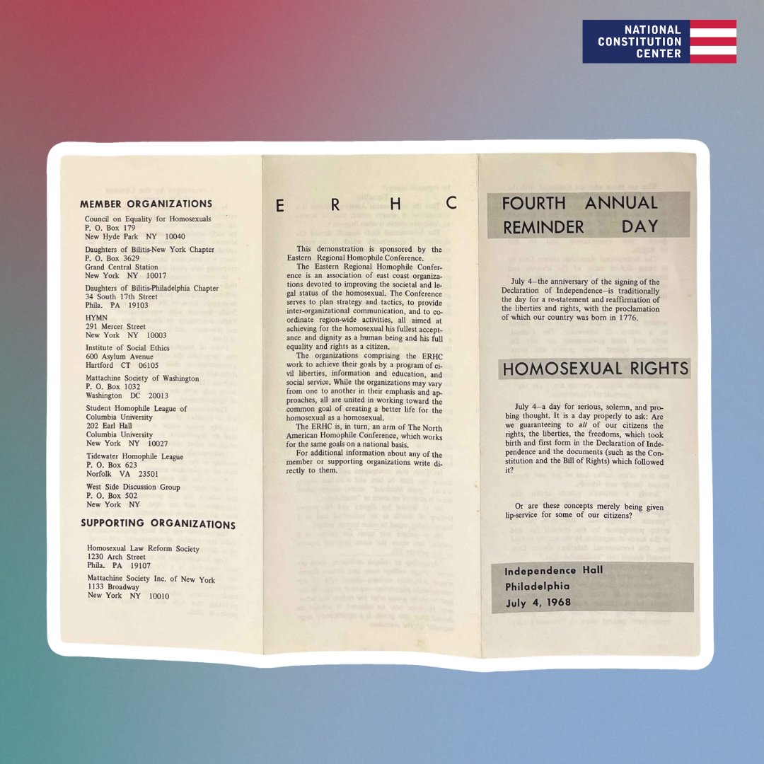 ConstitutionCtr's tweet photo. This pamphlet is from the 1968 Reminder Day demonstration at Independence Hall—one of the earliest LGBTQ demonstrations in the United States. See it in the #FirstAmendmentGallery. #PrideMonth
Joan Fleischmann collection 1963-1994 Ms.Coll.26. John J. Wilcox, Jr. Archives @LGBTPC https://t.co/orNdb1VS1P