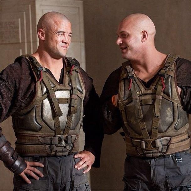 Tom Hardy with his stunt double on the set of The Dark Knight Rises (2012)