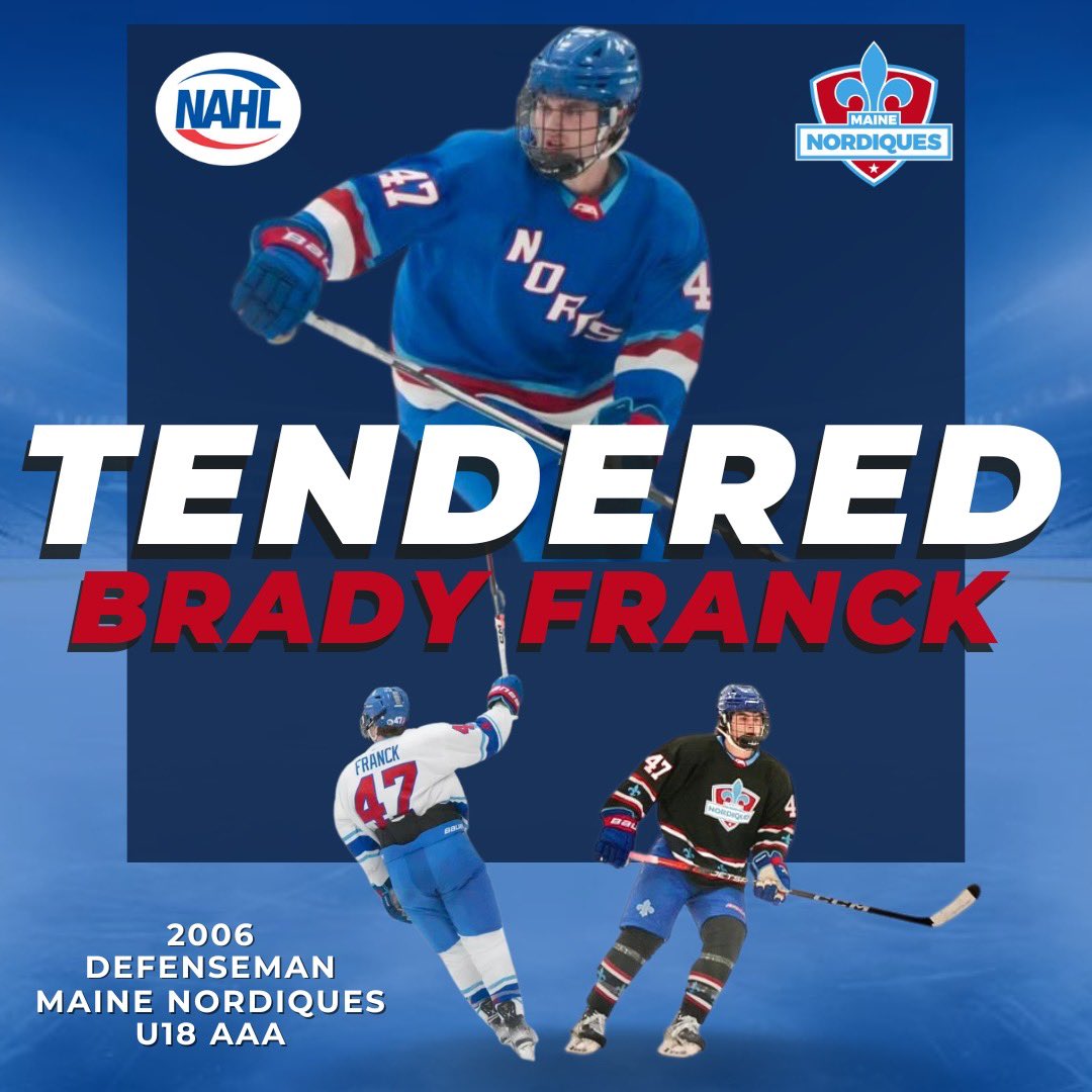 MaineNordiques's tweet photo. TENDERED
The Maine Nordiques are proud to announce their tender of U18 Nord Brady Franck for the upcoming season!
Brady is another prime example of the Maine Nordiques U16-U18-NAHL pipeline and looks to transfer his skills to the next level, welcome to the #MaineLand π² Brady! https://t.co/adeA64qcAO