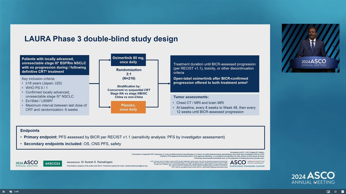 HHorinouchi's tweet photo. 🔥#LBA4 LAURA: Osi after CRT in stage III EGFRm NSCLC
🎙️@RamalingamMD
🎯PFS HR 0.16 (95%CI 0.10-0.24)
🎯OS HR 0.81 (95%CI 0.42-1.56, 20%)
🔥Urgent necessity‼️Biomarker testing regardless of stage
✅Primary: PFS
✅NCT03521154
#ASCO24 #LCSM @OncoAlert @ASCO
https://t.co/8sk2AVqlCW https://t.co/SP8Yma87Ha