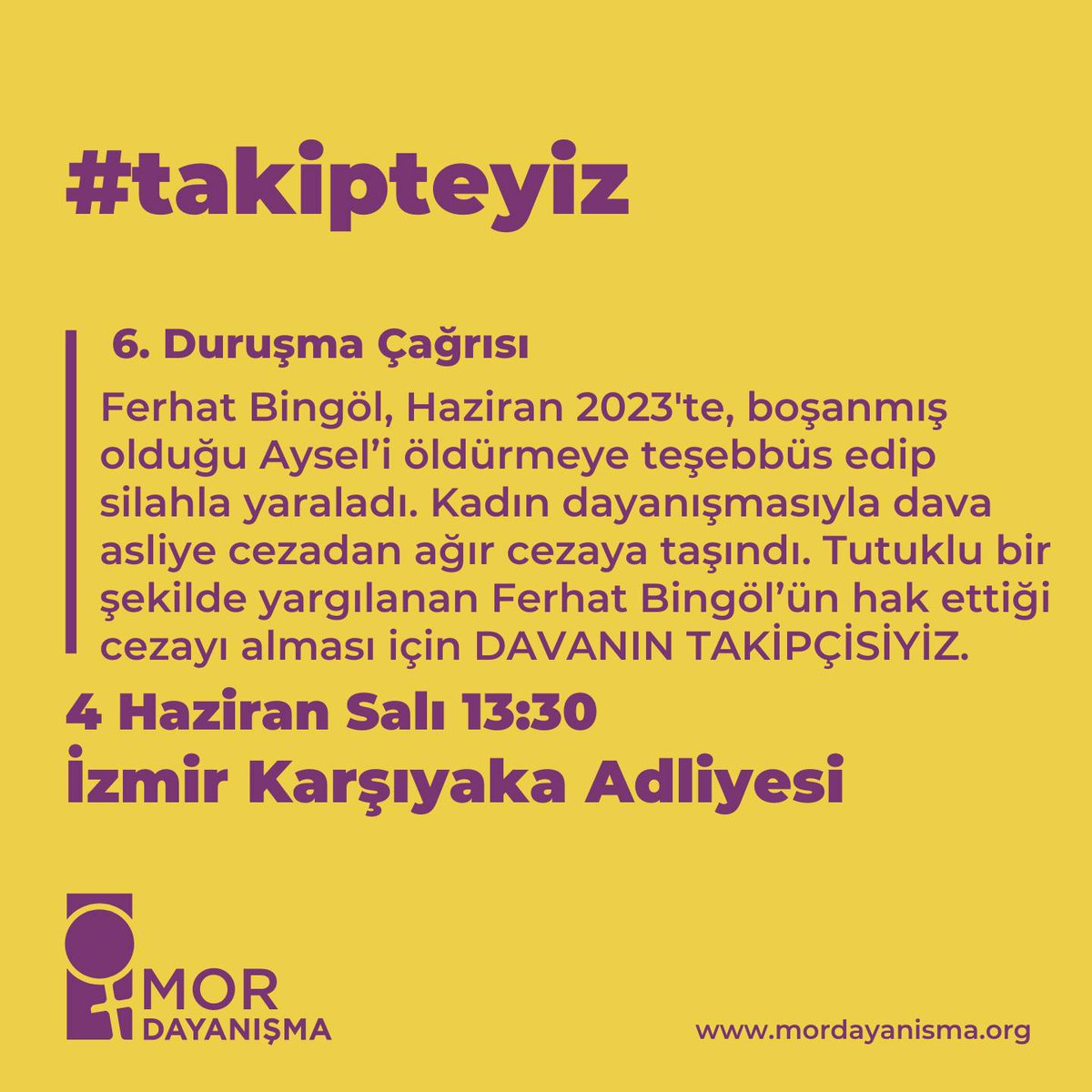 📍İzmir Takipteyiz! Ferhat Bingöl, boşanmış olduğu Aysel'i öldürmeye teşebbüs edip silahla yaraladı. Asliye Ceza Mahkemesinde görülen dava mücadelemiz sonucu Ağır Ceza Mahkemesine taşındı. Ferhat Bingöl'ün gerekli cezayı alması için bir kere daha adliye önündeyiz.