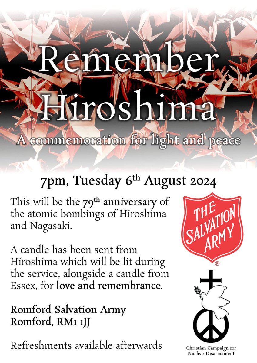 My friends Yuko &amp; Keith and I treasured this afternoon with <a href="/peaceboat/">bilal j banana</a>, <a href="/CNDuk/">Campaign for Nuclear Disarmament</a> &amp; <a href="/BritishQuakers/">Quakers in Britain</a> witnessing powerful stories from the Hibakusha + a stirring performance by <a href="/MichaelMears7/">Michael Mears</a>.
We welcome all to our Essex <a href="/ChristianCND/">Christian CND</a> service, this year at <a href="/RomfordSA/">Romford Salvation Army</a> 🕊 <a href="/paxchristiEW/">Pax Christi England and Wales</a>