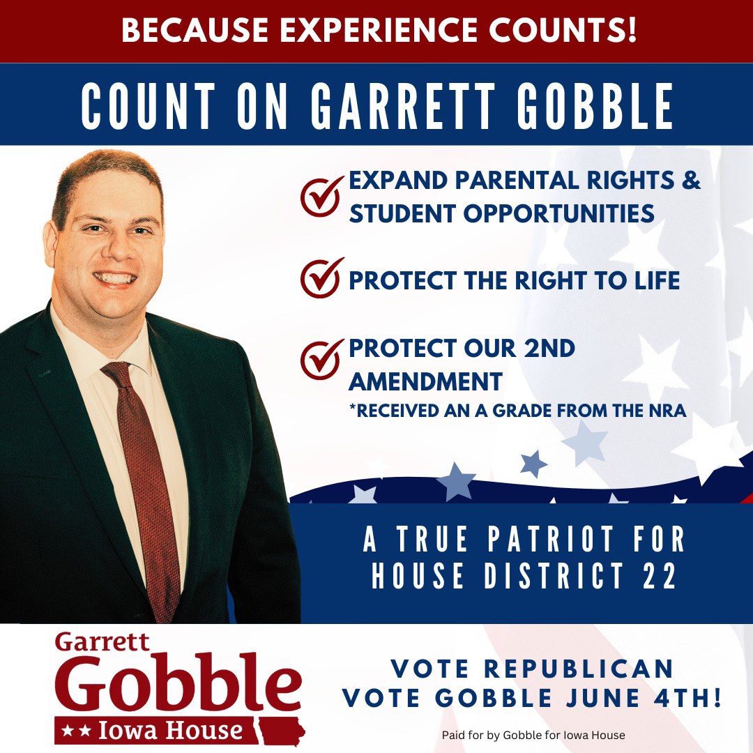 GobbleForIowa's tweet photo. As a dedicated former teacher and State Representative, Garrett led the charge in 2021 to reverse COVID lockdowns, ensuring our community could thrive. He's championed historic tax cuts and valiantly fought against divisive ideologies in our schools. https://t.co/3OKwdAw4HP