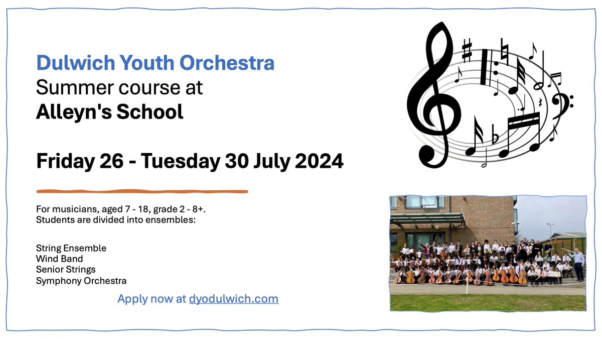 📣 Spread the word! #DulwichYouthOrchestra summer course is open for bookings! 
Do you know a young musician in #southlondon ready for an adventure? Come &amp; join us this July <a href="/Alleyns_Music/">Music at Alleyn's School</a> <a href="/AlleynsSchool/">Alleyn's School</a> 
All details at dyodulwich.com