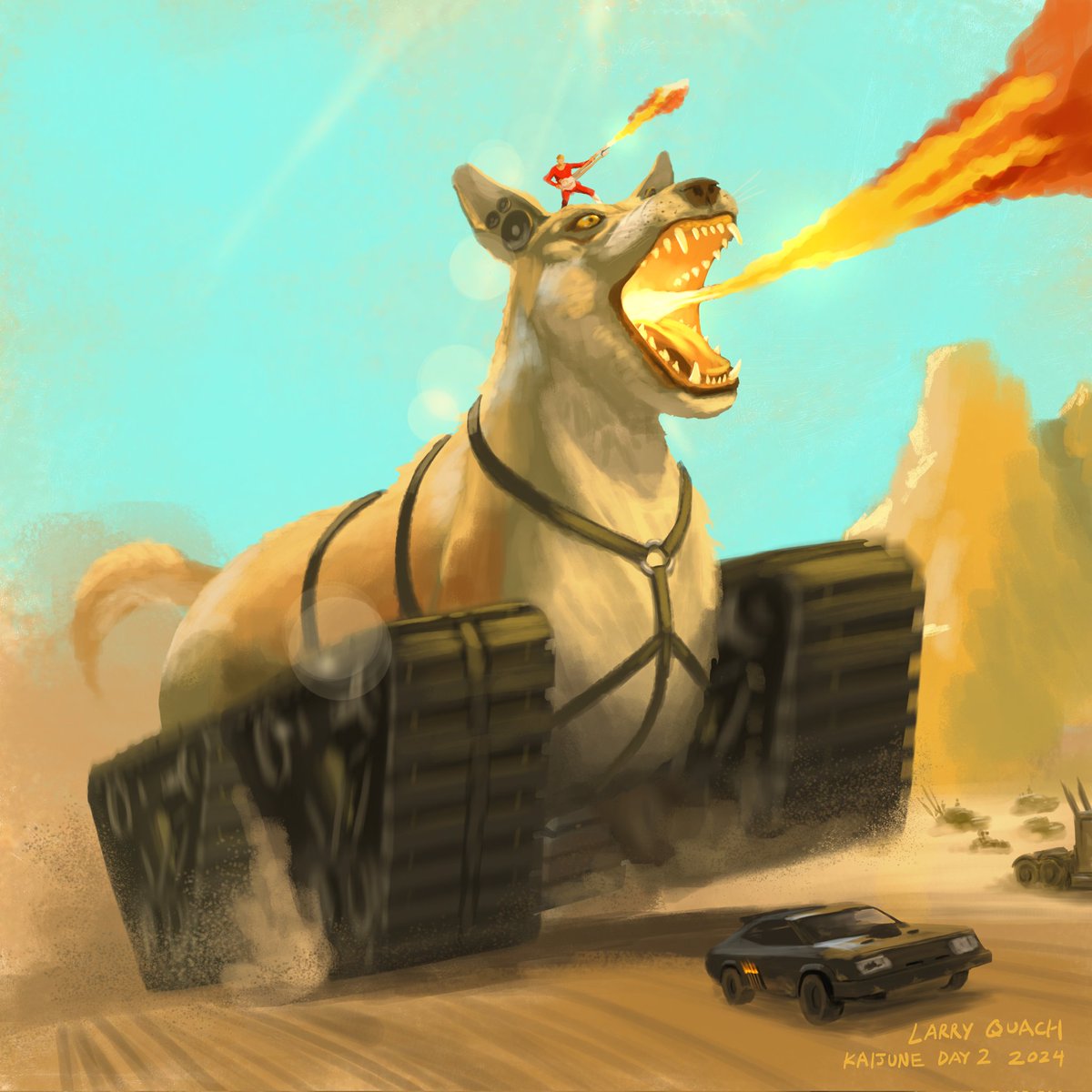 #Kaijune Day 2 - Dingo Tank 

I just saw the Furiosa movie yesterday and loved it,  so today's Kaijune is inspired by it. It's also inspired by the Ultraman kaiju, Dinotank.

 #Kaijune2024 #dingo #madmax    #furyroad #furiosa     #Australia