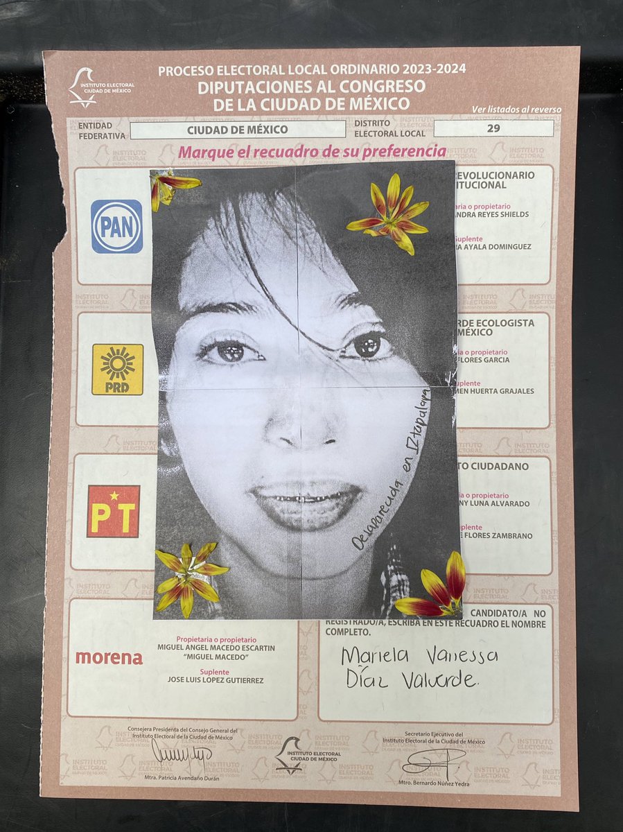 gherrale's tweet photo. Yo hoy decidí darle mi voto a Guadalupe Pamela Gallardo Volante, Sofía Lorena Meneses Méndez, Rodrigo Ricardo Rico Fernández, Mariela Vanessa Díaz Valverde, Luis Axel Guzmán Zarate y Josefina Avellaneda Díaz. Todxs desaparecidxs en CDMX. 

#EleccionesMexico2024 https://t.co/37wqv0h6AW