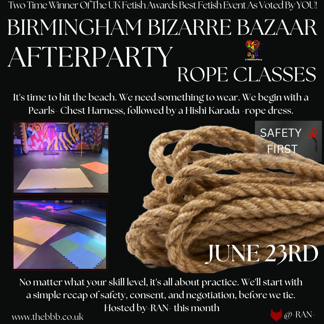 BBBAltFetBazaar's tweet photo. Join RAN this month to learn some wonderful summer inspired ties! Bring along your rope and sheers grab a spot and learn with one of our wonderful rope tutors!
#rope #shibari #kinbaku #ropeforbeginners #intermediaterope #ropeclasses #learningrope #afterparty #safespace https://t.co/NLZaqn9Awm