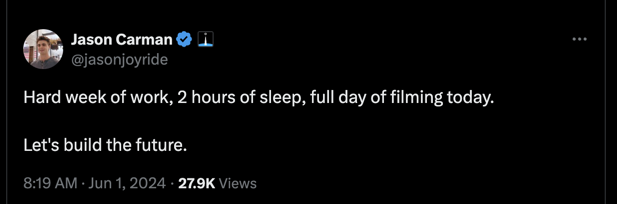 PhDemetri's tweet photo. The older I get, the less I want this.

I don't want to build the future on 2 hours of sleep.  I want a full night of rest, time for coffee in the morning, a relaxed but consistent work ethic, and to clock out within 30 minutes on either side of the end of the day https://t.co/RZj61h5cEt