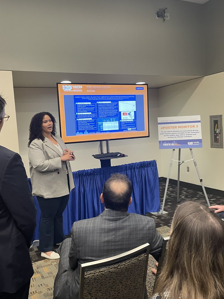 Dr. Alexandra Onyiego presenting her poster “Location, location, location: the impact of your neighborhood on outcomes following proctectomy for rectal cancer”. Amazing job!! #ASCRS2024
