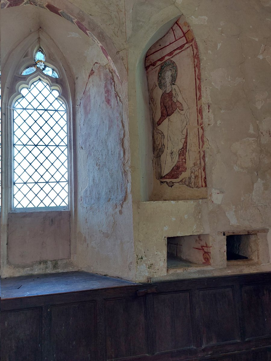 Wall paintings and screen in the Chapel at Hailes, as well as some interesting encaustic floor tiles, pews, pulpit etc. The painting of the hunting scene on the south wall was great