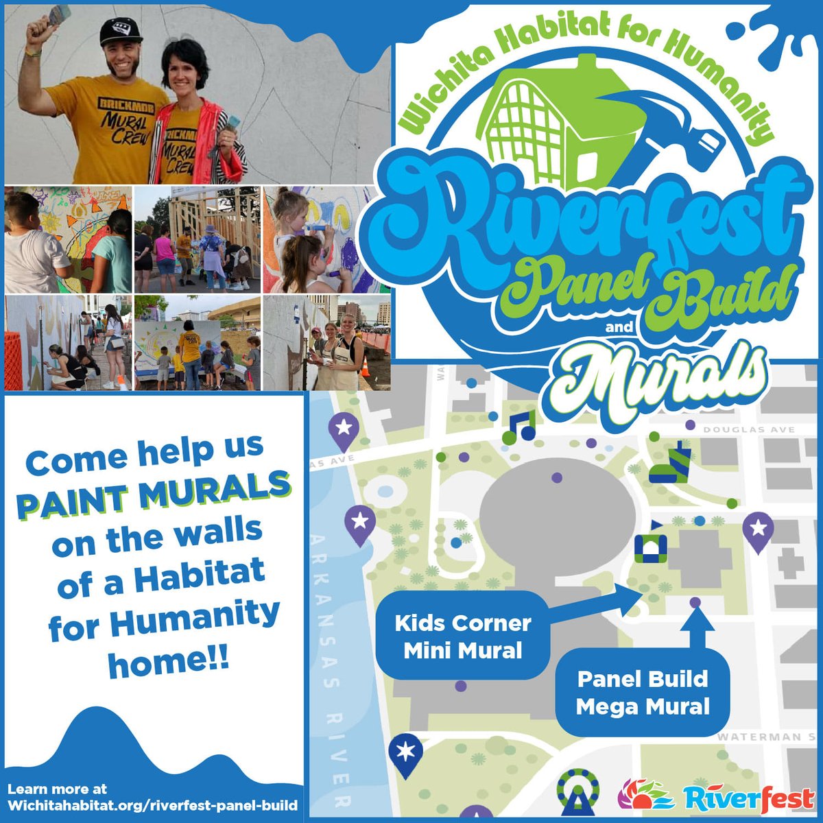 Join #WichitaHabitat &amp; <a href="/BrickmobBrickUp/">Brickmob</a> at the former Central Public Library (Kids Corner area) to paint murals on our new Habitat home and wish our family partners well by signing a stud! Paint and markers provided. Look for the house in the parking lot - you can't miss it!