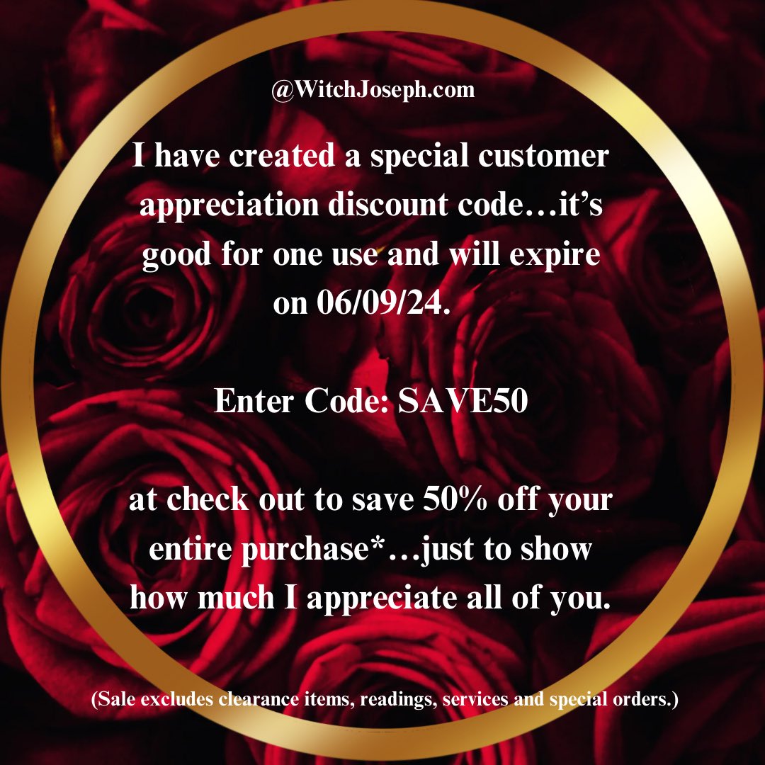 JosephCollierS2's tweet photo. Here is a special discount code to show our appreciation to all of you. Enter Code: SAVE50 at checkout on the website to save 50% off your purchase.
#Witchcraft #Magick #Pagan #GoodMagick #WitchJoseph #Animism #FolkMagick
#HighMagick #CeremonialMagick #TraditionalWitchcraft https://t.co/sFGR7zhe5Z