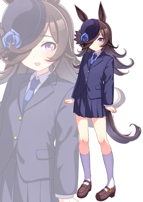 ブレザーのいつもと違った制服を着て、バラと同じ色のネクタイに白いハイソックスとローファーを履いたライスシャワーを描きました!! 