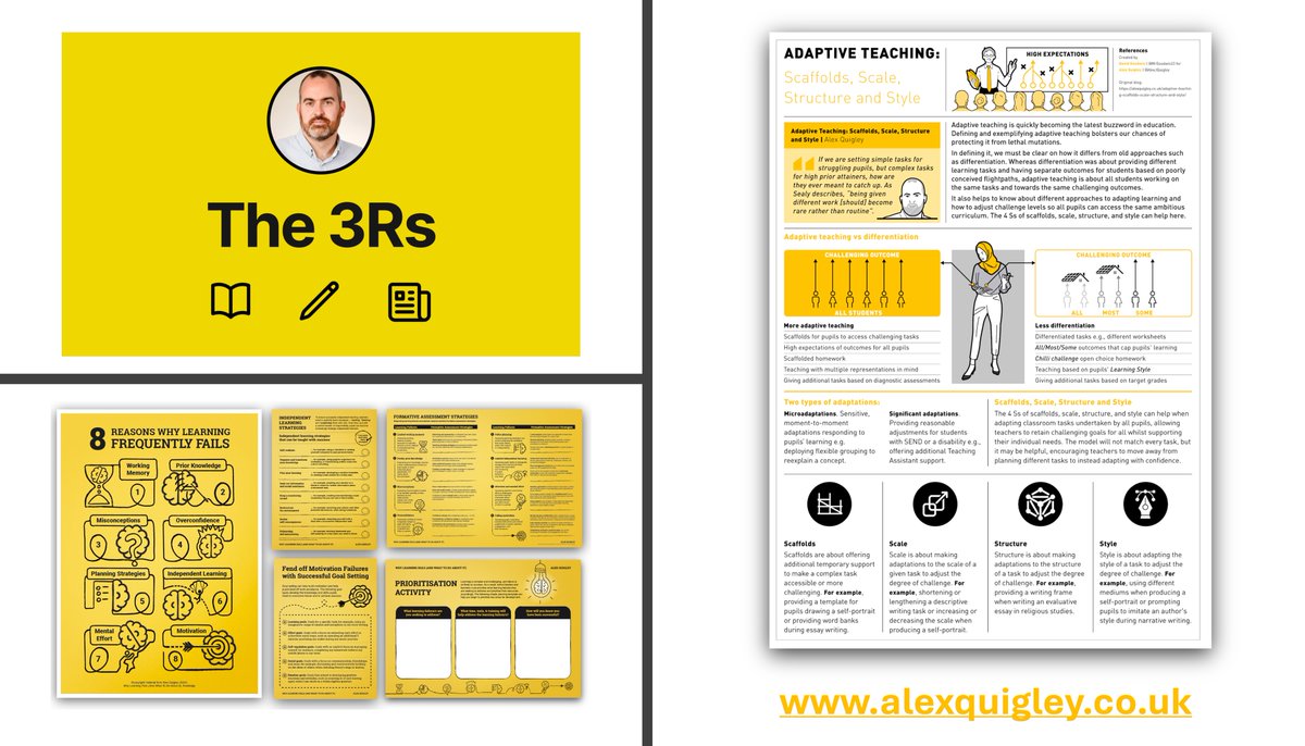 My website offers around 30 free resources for busy teachers and leaders with a quick and easy sign up.

Resource topics include: adaptive teaching, reading, writing, vocabulary, and my new book, Why Learning Fails (And What To Do About It)

alexquigley.co.uk/resources/