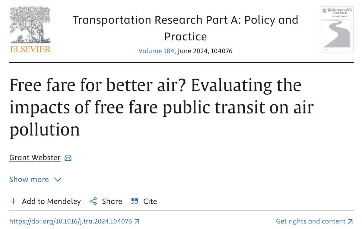 More evidence that fare-free transit is bad policy:

Colorado's "Zero Fare for Better Air" program didn't actually improve air quality.

Also: Going fare free "failed to improve welfare even when incorporating [transit's] positive externalities."

doi.org/10.1016/j.tra.…