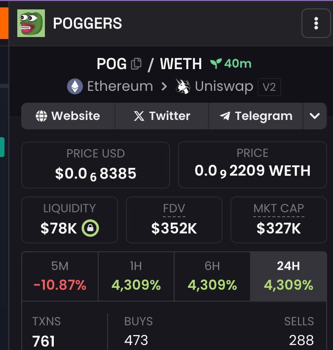 poggers_erc's tweet photo. #POGGERS

$POG Dexscreener is up. https://t.co/8fleGbwQen