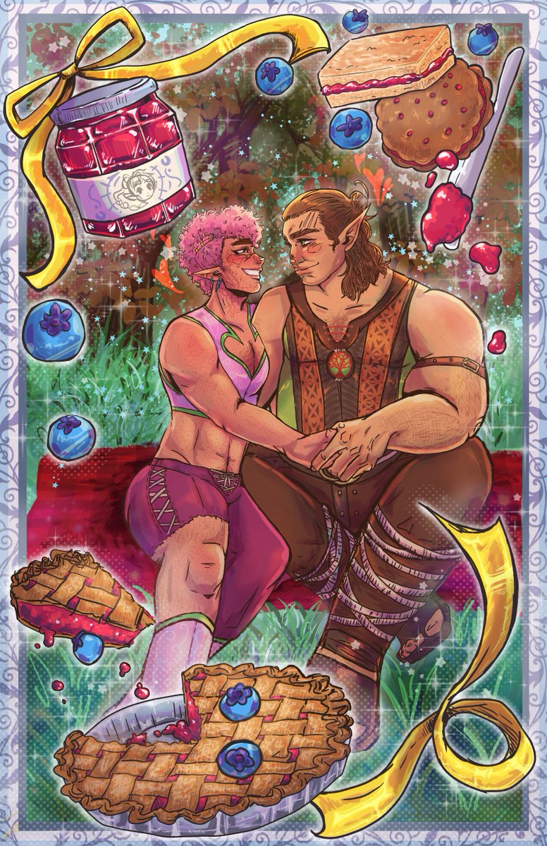Posting Day yay! This was my piece for the <a href="/lovebytheriver/">💘 Love by the River - a BG3 zine - out now! 💘</a> ! My lovely and Freckle and Halsin out on a picnic ⭐️🌈💜💙💜 Happy Pride!