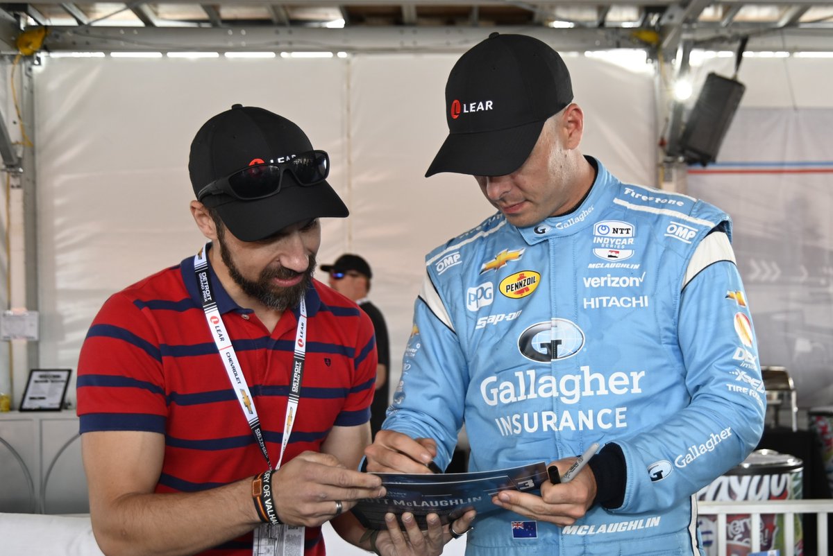 LearCorporation's tweet photo. We caught up with @smclaughlin93 ahead of today's race at the @DetroitGP! It's a privilege to support such a talented driver, and we're cheering him on to victory! 🏁🏎️ #LearRevsUp #TeamPenske #DetroitGP https://t.co/1eJWVtgUBb