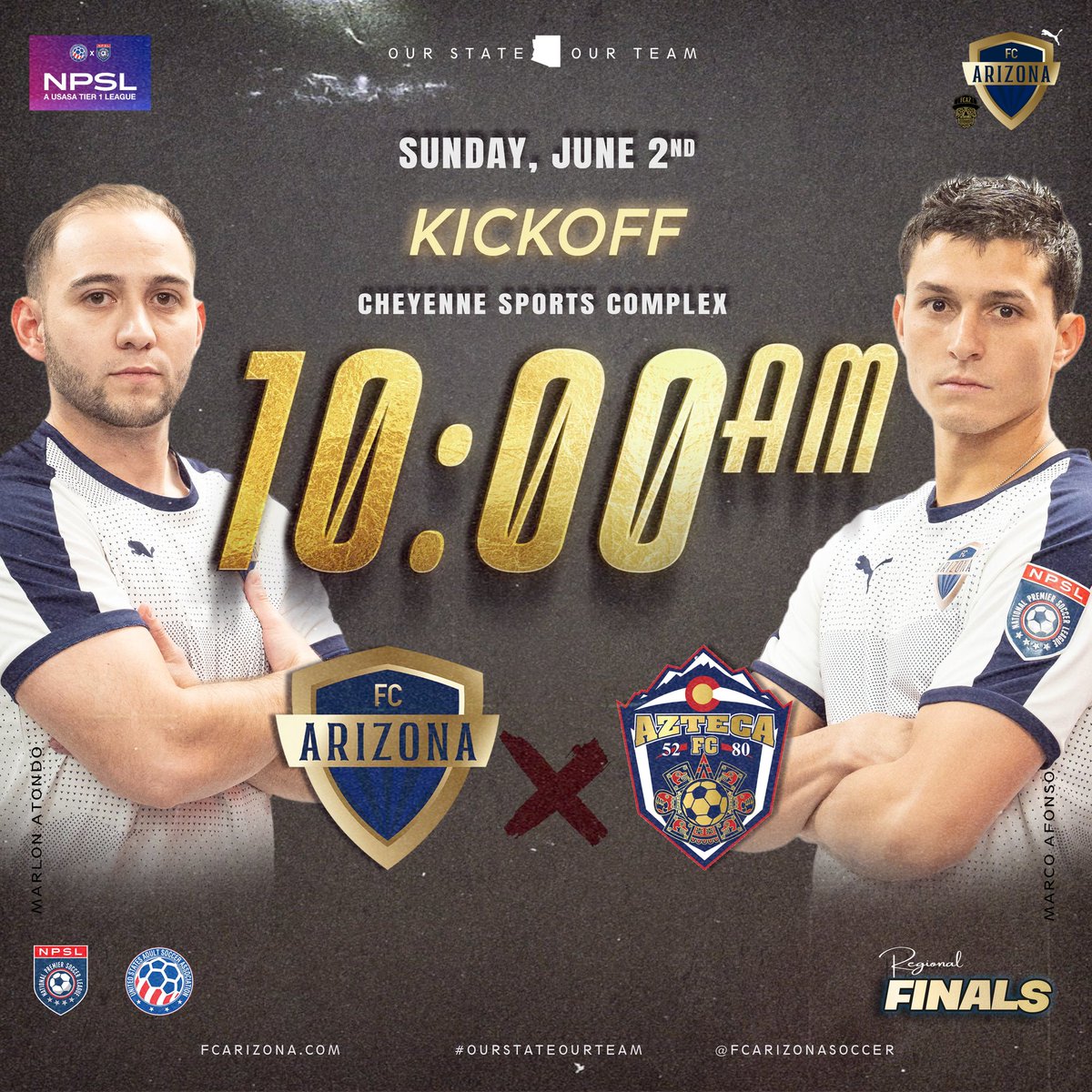 FCArizonaSoccer's tweet photo. π₯ Calling all fans π₯
FC ARIZONA is in the NPSL, USASA Amateur Cup Regional Finals!
Let's cheer our team to victory!
FCAZ will be facing Azteca FC at Cheyenne Sports Complex in Las Vegas.
Kickoff is scheduled for 10am.
#OURSTATEOURTEAM #SETTINGTHESTANDARDS #NPSL π https://t.co/V9chLKko2r