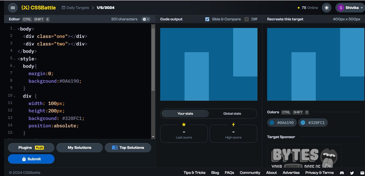 ShivikaInTech's tweet image. {⚔️} Day 14 of #CSSBattleDaily streak: Jun 1  — 600.46 score / 709 chars cssbattle.dev/play/WHP6v0Ps2… via @css_battle 

P.S.: I accidentally forgot to submit it yesterday and my streak&apos;s broken now. But I&apos;m gonna pretend it didn&apos;t happen at all.🥲