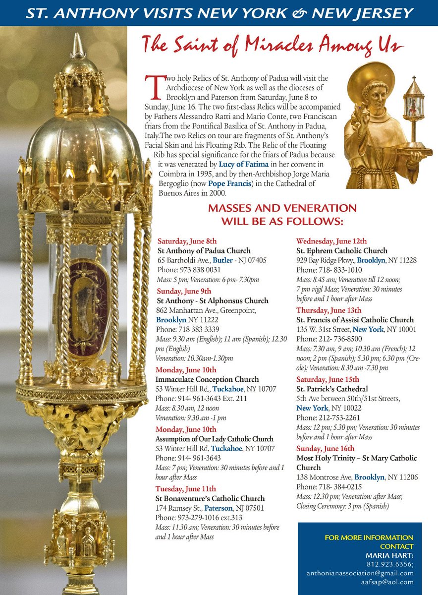 Here is the detailed program of St Anthony's visit to New York and New Jersey