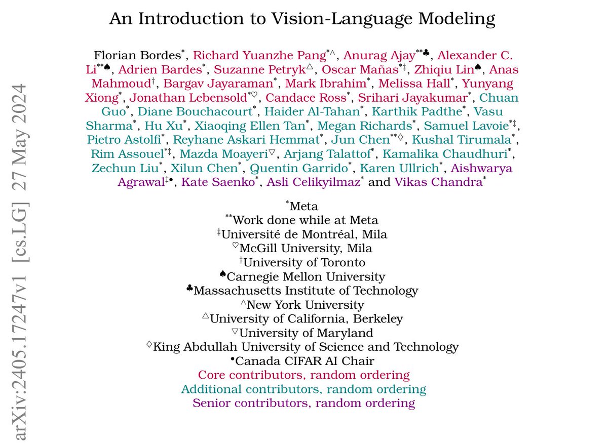 ورقة علمية رائعة انتشرت الأسبوع الماضي باسم 
"An Introduction to Vision-Language Modeling"
 نشرها فريق باحثين من 12 مركز بحثي وأفضلها، ومن ضمنها Meta, MIT, وجامعة الملك عبدالله لعلوم التقنية (كاوست).

في الورقة الباحثين تحدثوا بشكل مفصل (من الصفر) عن تطوير نماذج الرؤية-اللغوية