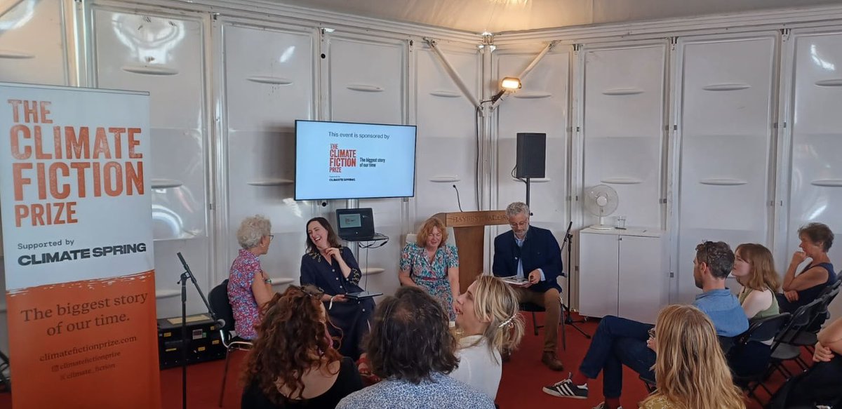 nicolawriting's tweet image. And @climate_fiction prize is launched @hayfestival! Stirring stuff &amp;amp; great engagement from audience, discussing with @lucycjstone of @climate__spring &amp;amp; 2 of my fellow judges @AndyFryers &amp;amp; #MadeleineBunting. Hope &amp;amp; agency, transformation, reparation &amp;amp; care; what will it bring?