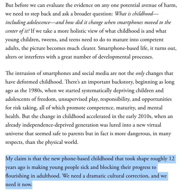 JakeCahan's tweet photo. @JonHaidt argues that smartphone-based life "alters or interferes with a great number of development processes…making young people sick and blocking their progress to flourishing in adulthood."

One study illustrated that young people spent 2 hours a day with friends before 2010 & just 67 minutes by 2019.
 https://t.co/T41kqTcrFP