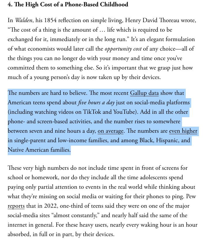 JakeCahan's tweet photo. @JonHaidt argues that smartphone-based life "alters or interferes with a great number of development processes…making young people sick and blocking their progress to flourishing in adulthood."

One study illustrated that young people spent 2 hours a day with friends before 2010 & just 67 minutes by 2019.
 https://t.co/T41kqTcrFP
