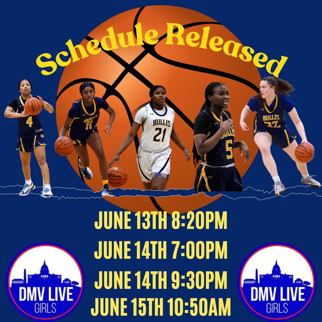 DMV Coach (@dmvcoach) on Twitter photo 🏆 Excited to announce that Bullis is the host site for <a href="/DMVHoopsLive/">DMV Live</a> 🏀
📅 Mark your calendars:
6/13 - <a href="/CatholicHS_WBB/">Catholic WBB</a> at 8:20 PM
6/14 - <a href="/StewardHoops/">Steward's Girls Varsity Basketball</a> at 7:00 PM
6/14 - <a href="/southshoregbb/">South Shore Girls Basketball</a> at 9:30 PM
6/15 - <a href="/McDonoghGVBB/">McDonogh Girls’ Basketball</a> at 10:50 AM
College coaches, we hope to see you there! 💪🏽 🏆 Excited to announce that Bullis is the host site for <a href="/DMVHoopsLive/">DMV Live</a> 🏀
📅 Mark your calendars:
6/13 - <a href="/CatholicHS_WBB/">Catholic WBB</a> at 8:20 PM
6/14 - <a href="/StewardHoops/">Steward's Girls Varsity Basketball</a> at 7:00 PM
6/14 - <a href="/southshoregbb/">South Shore Girls Basketball</a> at 9:30 PM
6/15 - <a href="/McDonoghGVBB/">McDonogh Girls’ Basketball</a> at 10:50 AM
College coaches, we hope to see you there! 💪🏽
