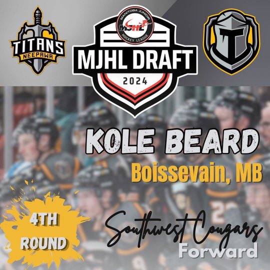 Neepawa Titans (@mjhltitans) on Twitter photo With the 43rd pick, the Titans are proud to select Kole Beard from the <a href="/CougarsSw/">Southwest Cougars</a>
Welcome to Neepawa Kole.
#WeAreTitans⚔️ With the 43rd pick, the Titans are proud to select Kole Beard from the <a href="/CougarsSw/">Southwest Cougars</a>
Welcome to Neepawa Kole.
#WeAreTitans⚔️