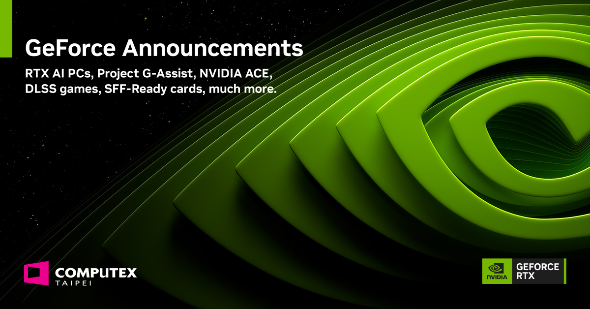 NVIDIAGeForce's tweet photo. ICYMI at #COMPUTEX2024: 

🟢 Project G-Assist: Your AI Assistant for Games &amp; Apps
🟢 RTX AI Creator Advancements
🟢 New DLSS games
🟢 SFF-Ready Enthusiast GeForce Cards &amp; Cases
🟢 Latest on NVIDIA App &amp; Game Pass Reward

 + More: https://t.co/ilkdVMyH4m https://t.co/FGbUaBondC