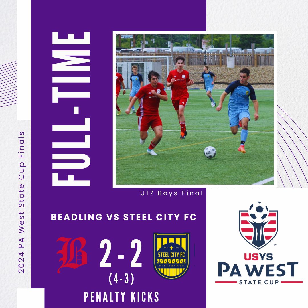 Kicking off Sunday morning State Cup action with a BANG!

Beadling and Steel City U17 boys finish with a penalty shootout, resulting in two great saves by Beadling to hold on and win the 2024 PA West State Cup and a spot at Eastern Regionals! ⚽