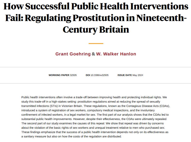 NBER (@nberpubs) on Twitter photo Using prostitution regulations in Victorian-era Britain to study the trade-off between improving health and protecting individual rights that is often involved in public health interventions, from Grant Goehring and W. Walker Hanlon nber.org/papers/w32505 Using prostitution regulations in Victorian-era Britain to study the trade-off between improving health and protecting individual rights that is often involved in public health interventions, from Grant Goehring and W. Walker Hanlon nber.org/papers/w32505