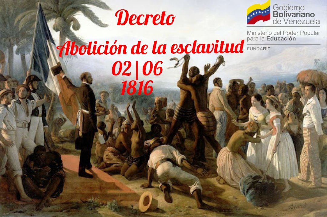 Un día como hoy #02deJunio en 1816, el Libertador Simón Bolívar decreta la libertad absoluta de todos los esclavos que se alistaron en el ejército patriota.
#LikePaNicolás
<a href="/NicolasMaduro/">Nicolás Maduro</a> 
<a href="/_LaAvanzadora/">Yelitze Santaella</a> 
<a href="/EleamerAbdala/">Eleamer Elkatrib</a> 
@MPPEDUCACION 
<a href="/Fundabitlara01/">Fundabit Lara</a>
<a href="/Dimary08/">D!mary_Anzola</a>