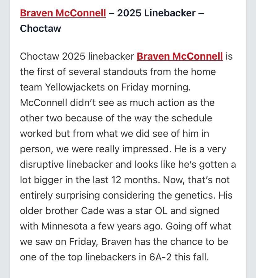 BravenMcconnell's tweet photo. Appreciate the write up ! @PrepRedzoneOK @RecruitingCHS @CadeMcConnell2 https://t.co/CHFQHyLRXG