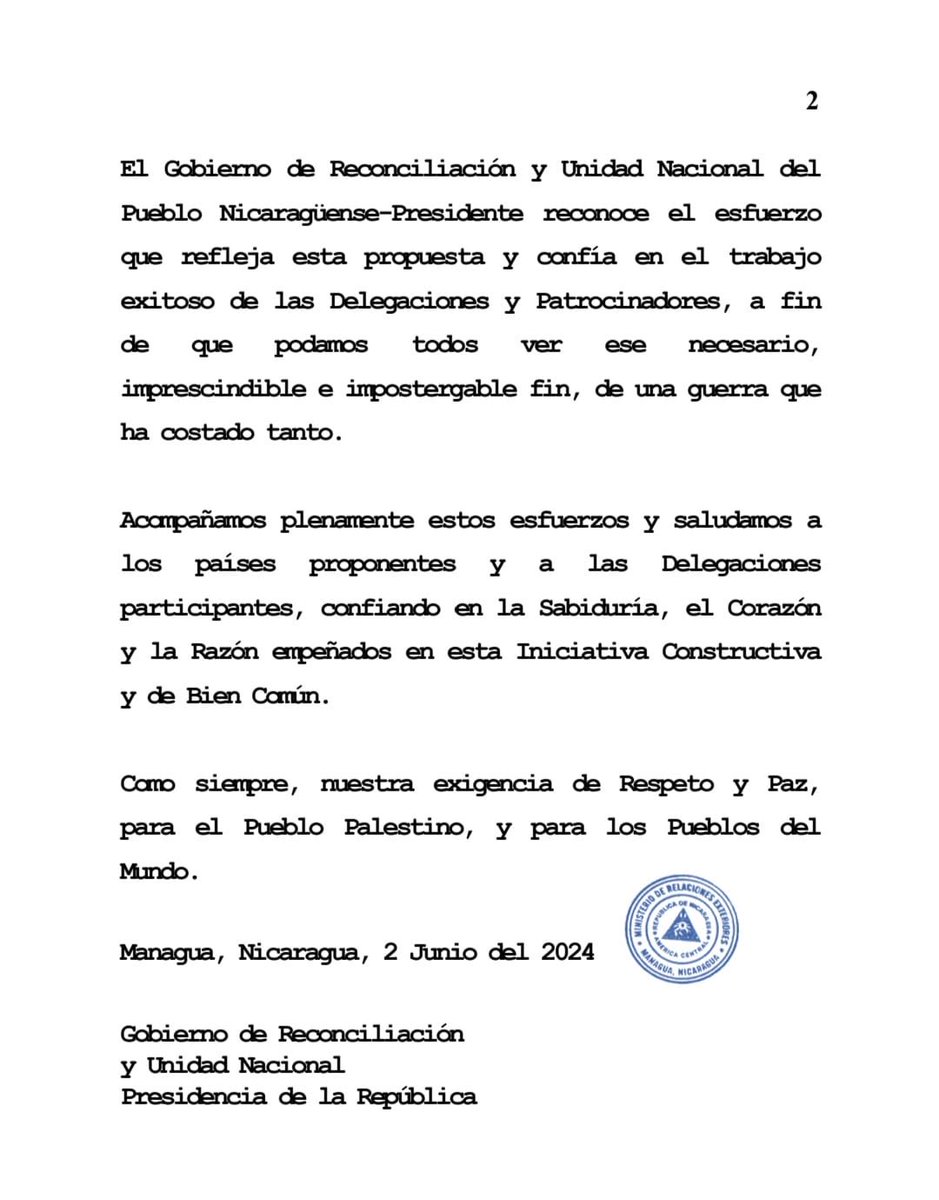 Desde #Nicaragua enviamos un mensaje de Paz para #Palestins y la región.