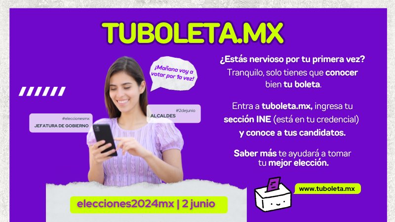 TuboletaMX's tweet photo. ¿Estás nervioso por tu primera vez? 🫠
Tranquilo, solo tienes que conocer bien tu boleta. 😃💡
Entra a https://t.co/hWk16RFUfo, ingresa tu sección INE (está en tu credencial) y conoce a tus candidatos. 
Saber más te ayudará a tomar tu mejor elección. 🗳️👍🏼✨

#2dejunio 
#tueleccion2024
#eleccionesmexico 
#elecciones2024
#eleccionesmx 
#elecciones2024mx 

#eleccionesmx2024
