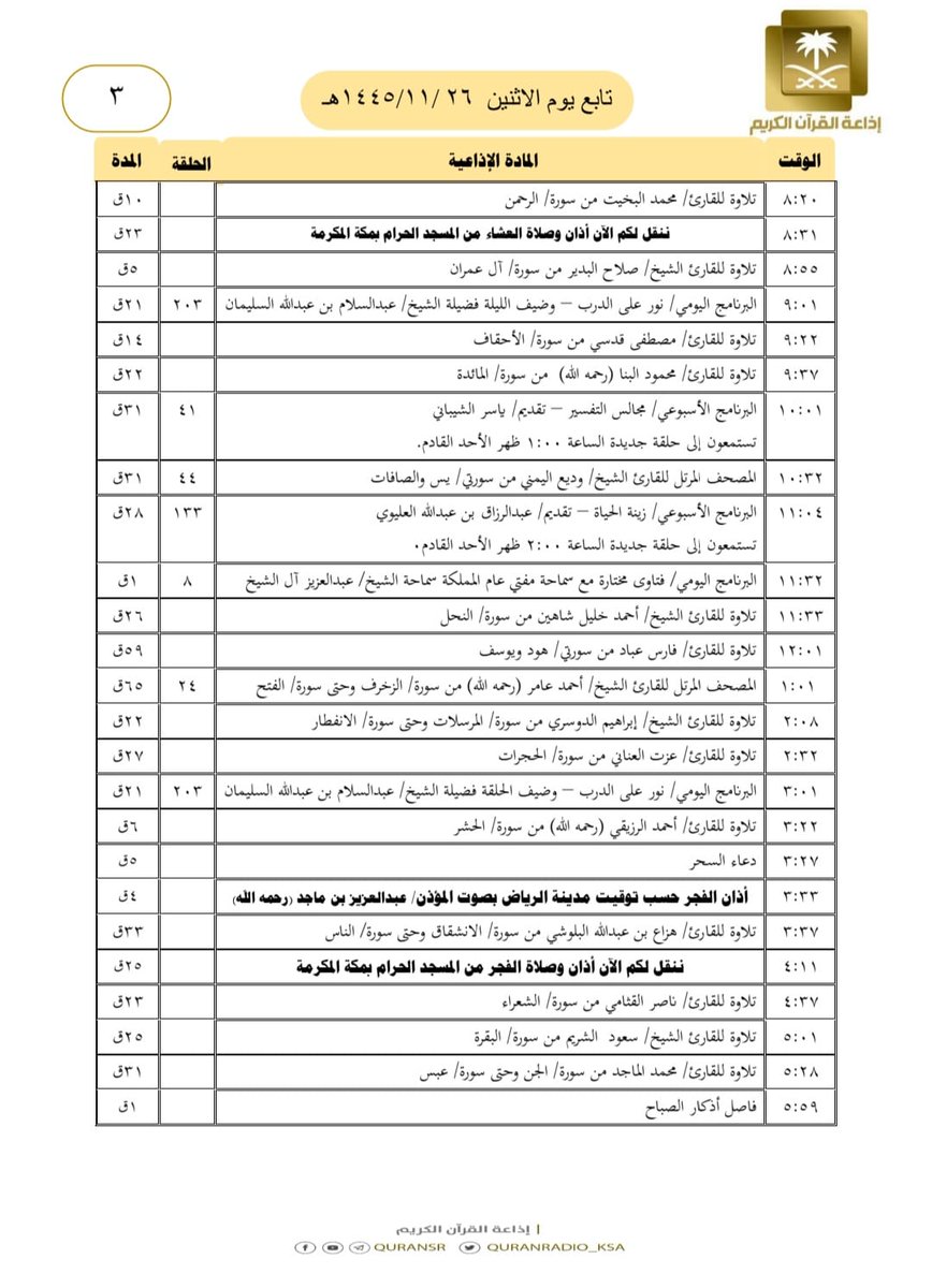 هيكل تلاوات وبرامج
#إذاعة_القرآن_الكريم
ليوم #الاثنين ١٤٤٥/١١/٢٦

رابط البث المباشر 👇🏻
bit.ly/3AQxIhh