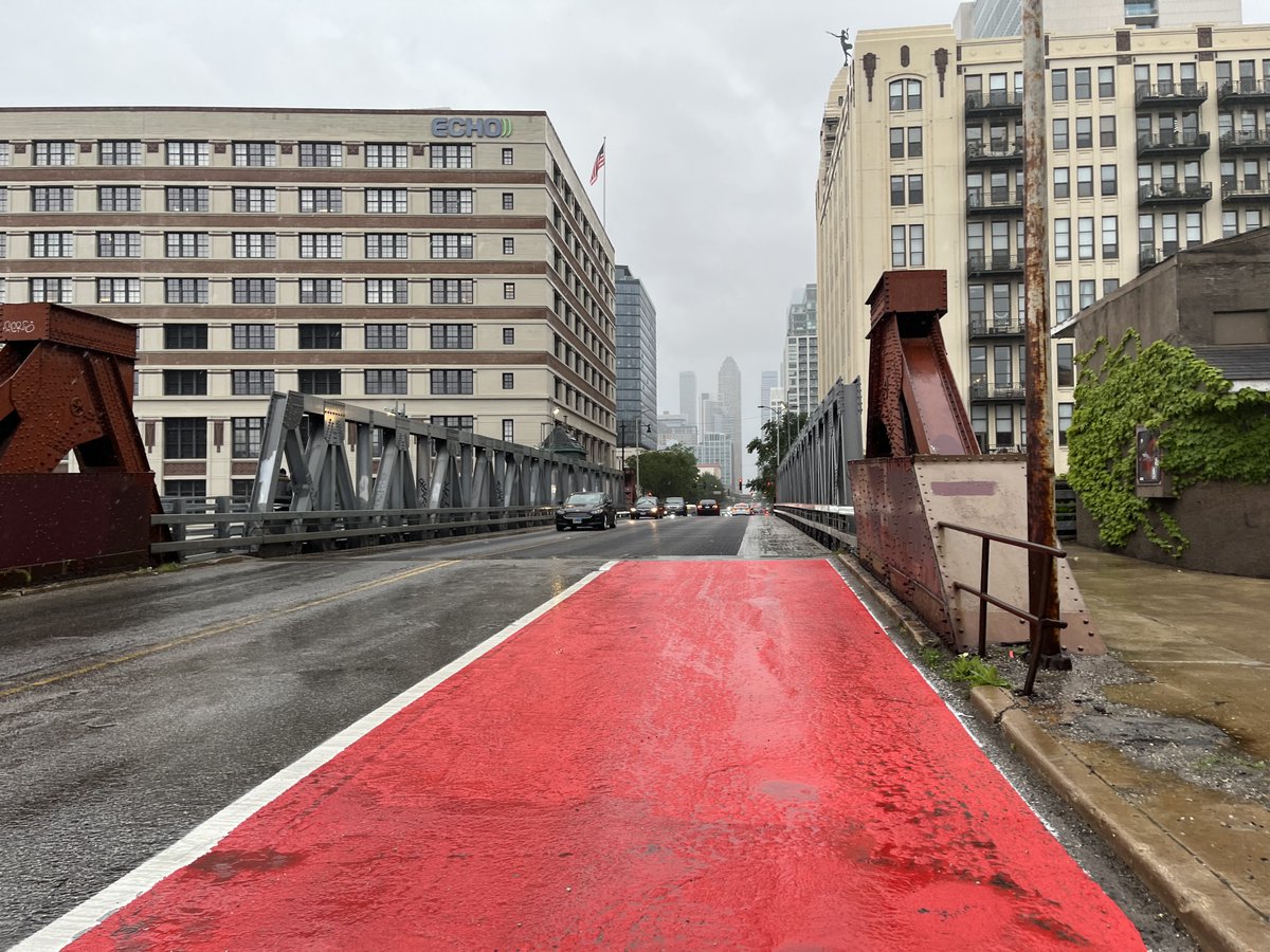 streetsblogchi's tweet photo. We checked out new bus lanes on Chicago Ave. near the Bally's Casino site. The lanes won't be camera-enforced, so we're willing to wager car drivers will violate them. Springfield folks, how about passing state legislation to legalize camera enforcement of driving in bus lanes? https://t.co/DJeJ2C1WUc