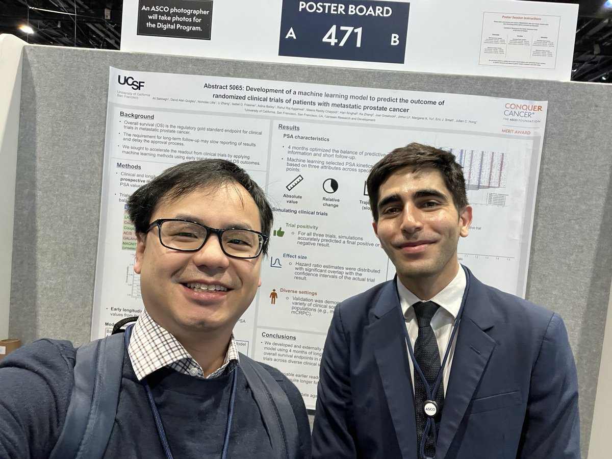 Julian Hong (@julian_hong) on Twitter photo Come by <a href="/UCSFCancer/">UCSF Helen Diller Family Comprehensive Cancer Ctr</a> <a href="/UCSF_BCHSI/">UCSF Bakar Computational Health Sciences Institute</a> <a href="/UCJointCPH/">UC Joint Computational Precision Health Program</a> postdoc and incoming <a href="/MSKCancerCenter/">Memorial Sloan Kettering Cancer Center</a> resident @asabbagh95’s poster applying #machinelearning to accelerate the readout of prostate cancer clinical trials. Recipient of an <a href="/ASCO/">ASCO</a> Merit Award!
Thank you <a href="/PCFnews/">Prostate Cancer Foundation</a> for support!
#asco24 #pcsm Come by <a href="/UCSFCancer/">UCSF Helen Diller Family Comprehensive Cancer Ctr</a> <a href="/UCSF_BCHSI/">UCSF Bakar Computational Health Sciences Institute</a> <a href="/UCJointCPH/">UC Joint Computational Precision Health Program</a> postdoc and incoming <a href="/MSKCancerCenter/">Memorial Sloan Kettering Cancer Center</a> resident @asabbagh95’s poster applying #machinelearning to accelerate the readout of prostate cancer clinical trials. Recipient of an <a href="/ASCO/">ASCO</a> Merit Award!
Thank you <a href="/PCFnews/">Prostate Cancer Foundation</a> for support!
#asco24 #pcsm