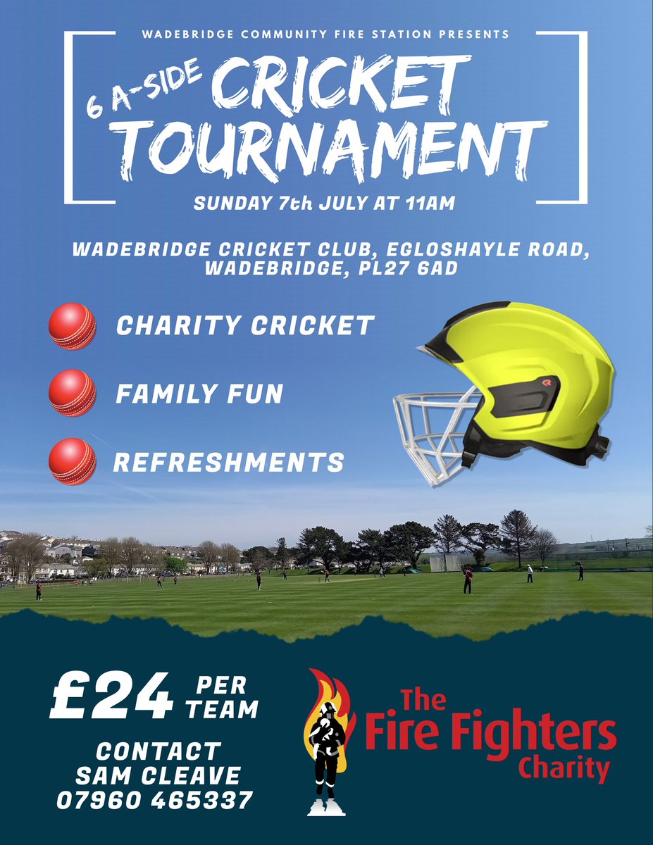 Wadebridge Community Fire Station (@wadebridgecfrs) on Twitter photo We are pleased to announce the much anticipated return of our annual cricket tournament in aid of The Fire Fighters Charity.
Spaces are limited! Please contact Sam Cleave to register a team.
π Sunday 7th July
π 11:00
π <a href="/wadebridge_cc/">Wadebridge CC π</a>
facebook.com/share/92cCr2MA⦠We are pleased to announce the much anticipated return of our annual cricket tournament in aid of The Fire Fighters Charity.
Spaces are limited! Please contact Sam Cleave to register a team.
π Sunday 7th July
π 11:00
π <a href="/wadebridge_cc/">Wadebridge CC π</a>
facebook.com/share/92cCr2MAβ¦