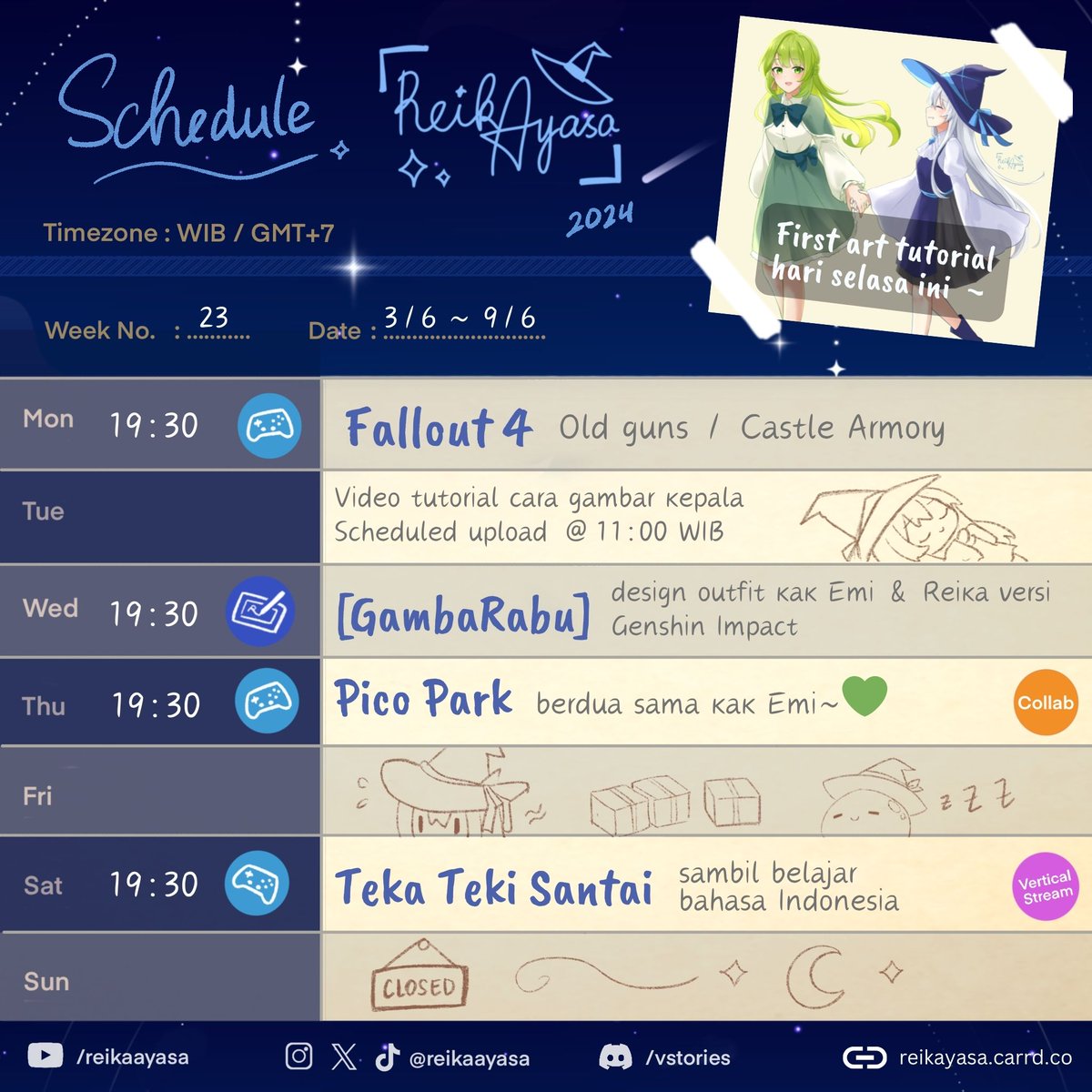 reikaayasa's tweet photo. 💎 Reika's Schedule Week 23 💎

Ada pico park berdua sama kak Emi ~
dan Reika ngetes skill bahasa Indonesia dengan tts 😩

[Gambarabu] Q&amp;A about drawing https://t.co/2bRDv22d2N

#reikannounce #reikaayasa #weeklyschedule https://t.co/FB10evDKxe