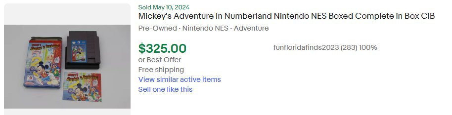 Going into the final stretch of the huge video game lot we picked up in March. 

We finished up all the SNES and moving into original NES. 

There continue to be rare games with boxes and manuals. 

This Mickey's Adventure in Numberland should go for $300 - $400!