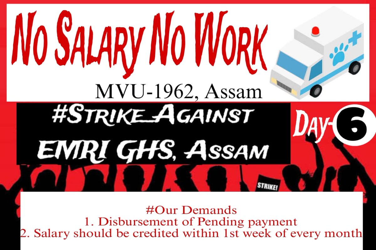 Geeetartha's tweet photo. #No_Salary_No_Work
#Noncooperation_Against_EMRI_GHS

1962 MVU Doctors &amp; staffs are not getting salary regularly. Frequent transfer, mental harassment &amp; many more.

@himantabiswa 
@ATULBORA2 
@vet_dept_assam 
@Dept_of_AHD 
@Min_FAHD 
@gvkemri108assam
@GVKEMRIOnline https://t.co/OoCHP40vug