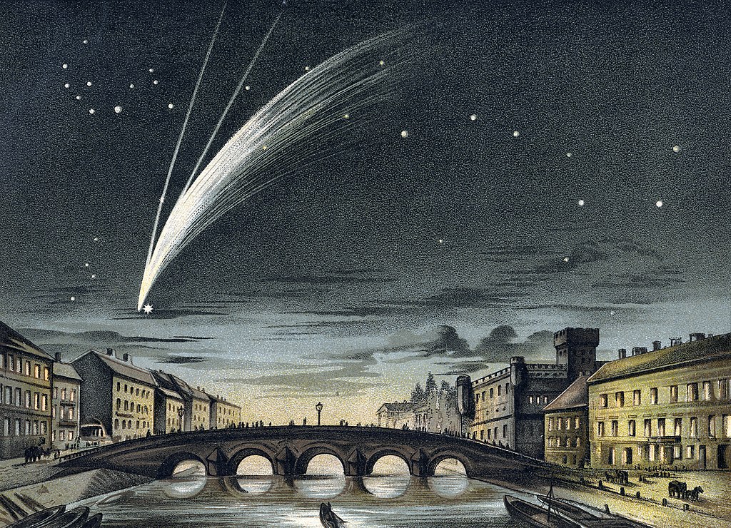 Image: Comet C/1858 L1 (Donati) on October 5, 1858. Note the Big Dipper to the right. The bright star near the comet's head is Arcturus in the constellation Bootes. Date: published in 1888 Author: E. Weiß Public Domain Source: https://commons.wikimedia.org/wiki/File:CometDonati.jpg 