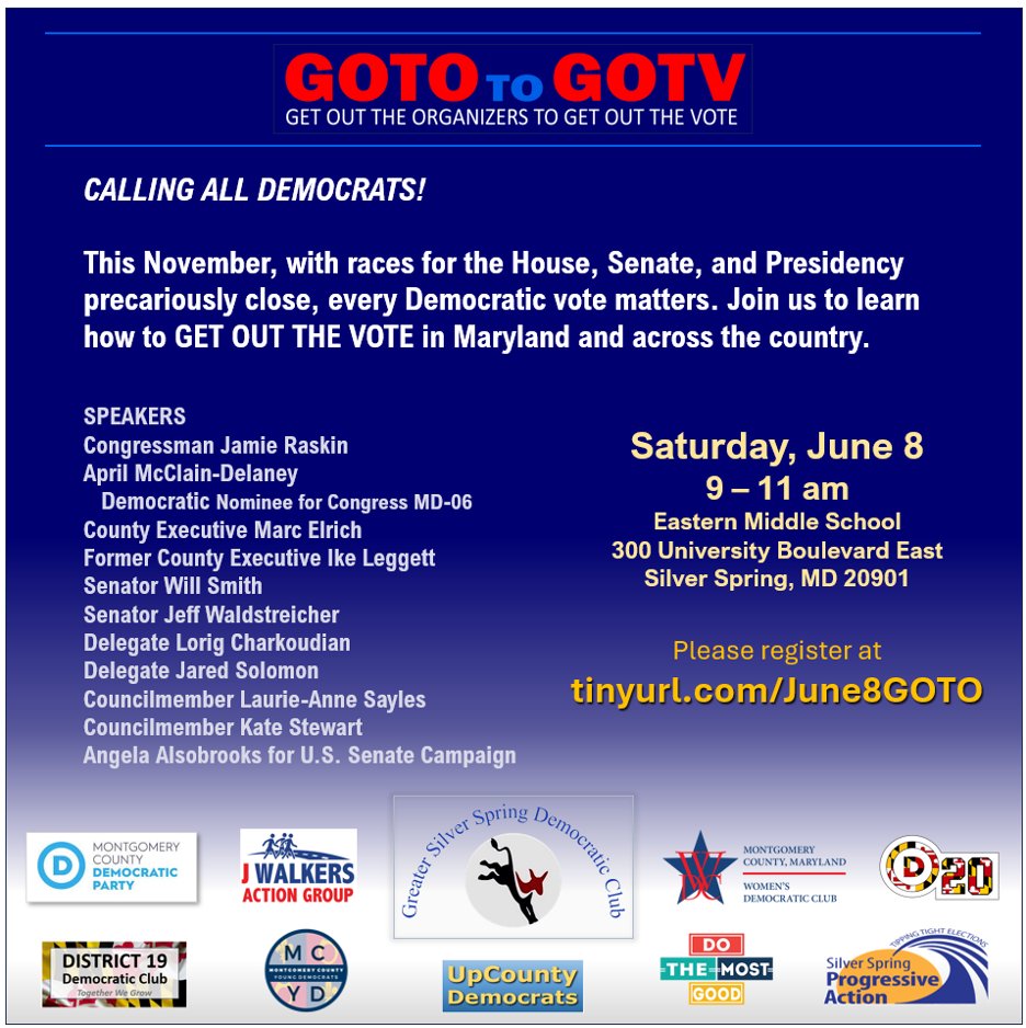 TPmobilization (@tpmobilization) on Twitter photo Let's win this together - in MD for <a href="/AngelaAlsobrook/">Angela Alsobrooks</a> & <a href="/April4Congress/">April McClain Delaney</a> - in swing states for for Biden-Harris and Democratic candidates. Please register for a Get Out The Organizers (GOTO) event on Saturday, June 8, 9 am-11 am at Eastern Middle School: tinyurl.com/June8GOTO. Let's win this together - in MD for <a href="/AngelaAlsobrook/">Angela Alsobrooks</a> & <a href="/April4Congress/">April McClain Delaney</a> - in swing states for for Biden-Harris and Democratic candidates. Please register for a Get Out The Organizers (GOTO) event on Saturday, June 8, 9 am-11 am at Eastern Middle School: tinyurl.com/June8GOTO.
