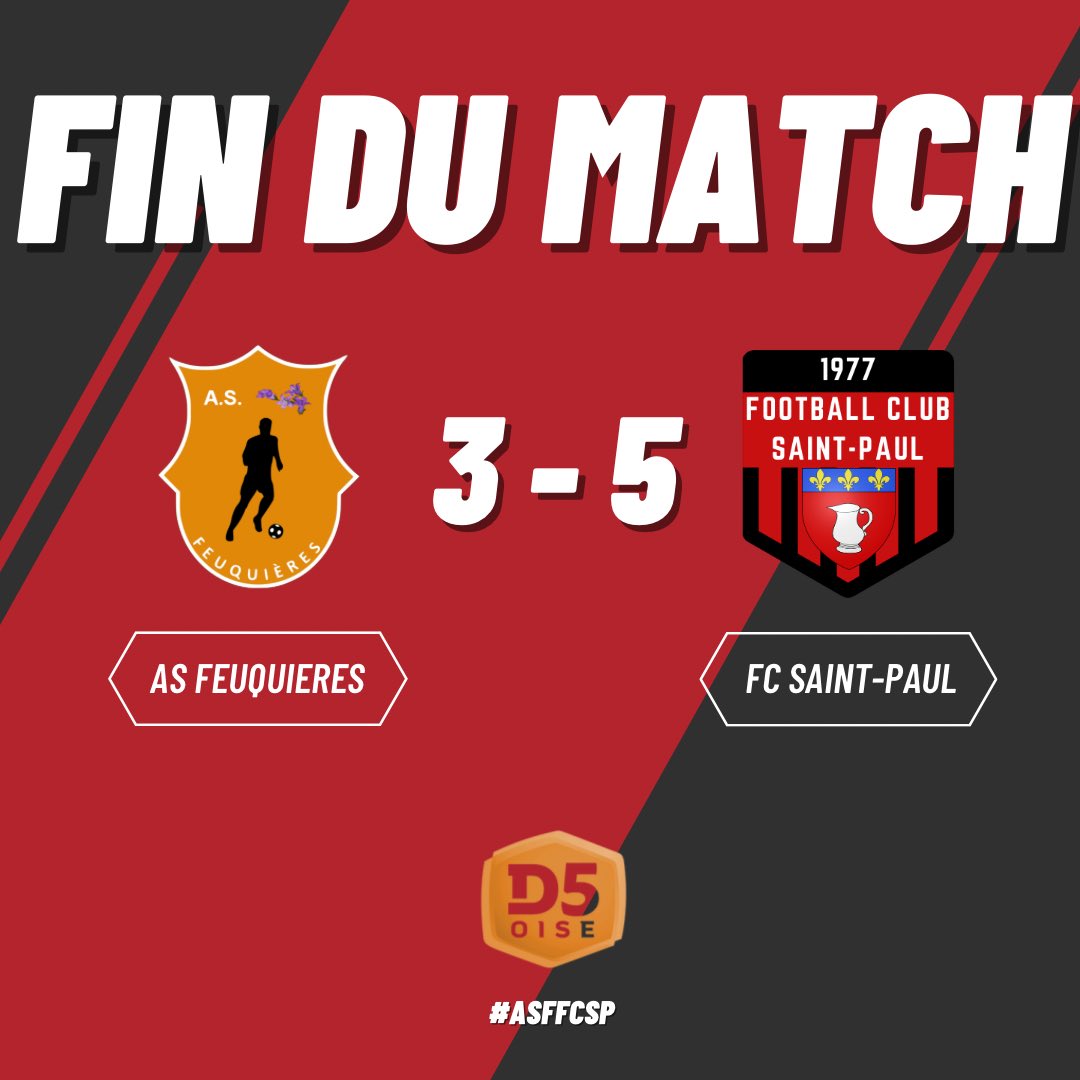 fcsaintpaul's tweet photo. [Fin du match]

AS Feuquières 3️⃣🆚5️⃣ FC Saint-Paul
Victor ⚽️⚽️🎯
Kinkin ⚽️🎯
Gurvan ⚽️
Théodore ⚽️
Pierrick 🎯

Nous sommes officiellement 𝓒𝓗𝓐𝓜𝓟𝓘𝓞𝓝𝓢 de D5  au terme d’une saison exceptionnelle, bravo à l’ensemble des joueurs et dirigeants 🥳

#ASFFCSP #TeamFCSP 🔴⚫️ https://t.co/r5v4YaqcfE