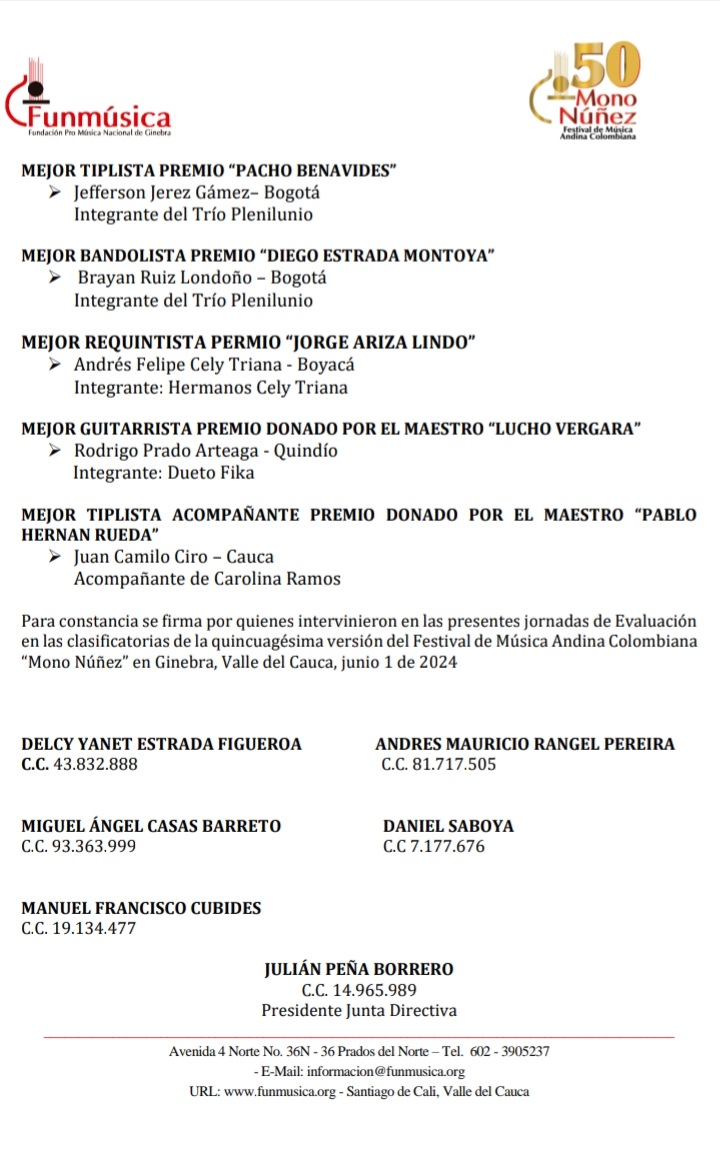 Junio 2 de 2024.   ¡Habemus finalistas!  50° Festival Mono Núñez 2024.  <a href="/MonoNunezFest/">Festival Mono Núñez</a> ¡Felicidades a los artistas y compositores!  ¡Que viva la música! #FestivalMonoNúñez #mestizajes
